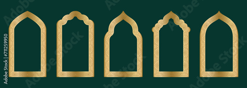 Gold arch frame shape Islamic door or window with geometric girikh pattern, silhouette Arabic arch. Luxury set in oriental style. Frames in Arabic Muslim design for Ramadan Kareem. Vector illustration