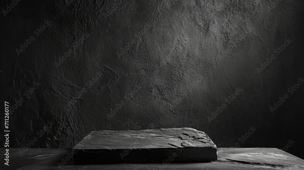 a black piece of slate podium on a dark background,black Stone rock podium with black background, for product display, presentation. - obrazy, fototapety, plakaty 
