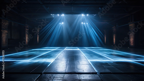 an empty stage with blue lighting in a dark room, Rays, spotlights light. Empty dark scene with blue light