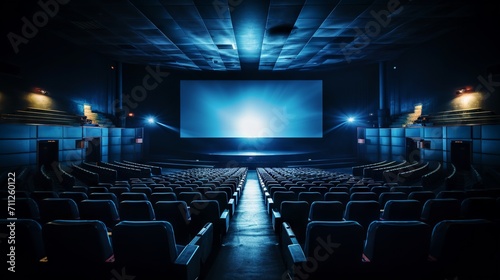Blue cinema hall with white blank screen and empty seats. Concept of movie theater, entertainment, and leisure.