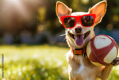 Soccer chihuahua dog playing with ball and laughing out loud with red sunglasses outdoors  photo