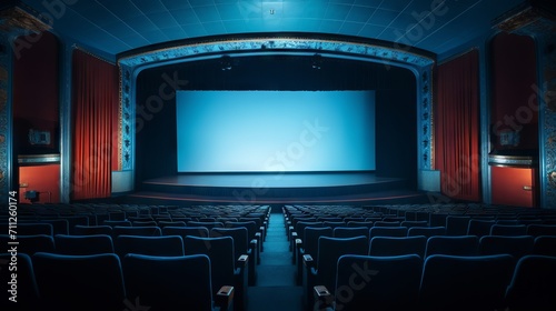 Blue cinema hall with white blank screen and empty seats. Concept of movie theater, entertainment, and leisure. photo