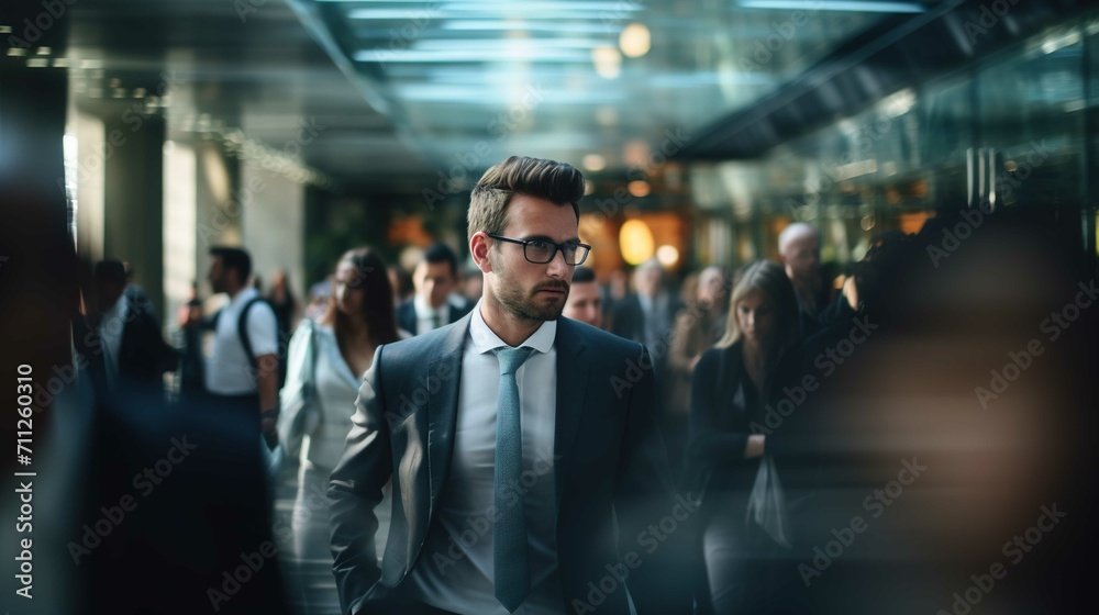 Businessman walking in an office lobby with his colleagues in the background. Generative Ai. Businessman walking in an office lobby with his colleagues in the background. Generative Ai.