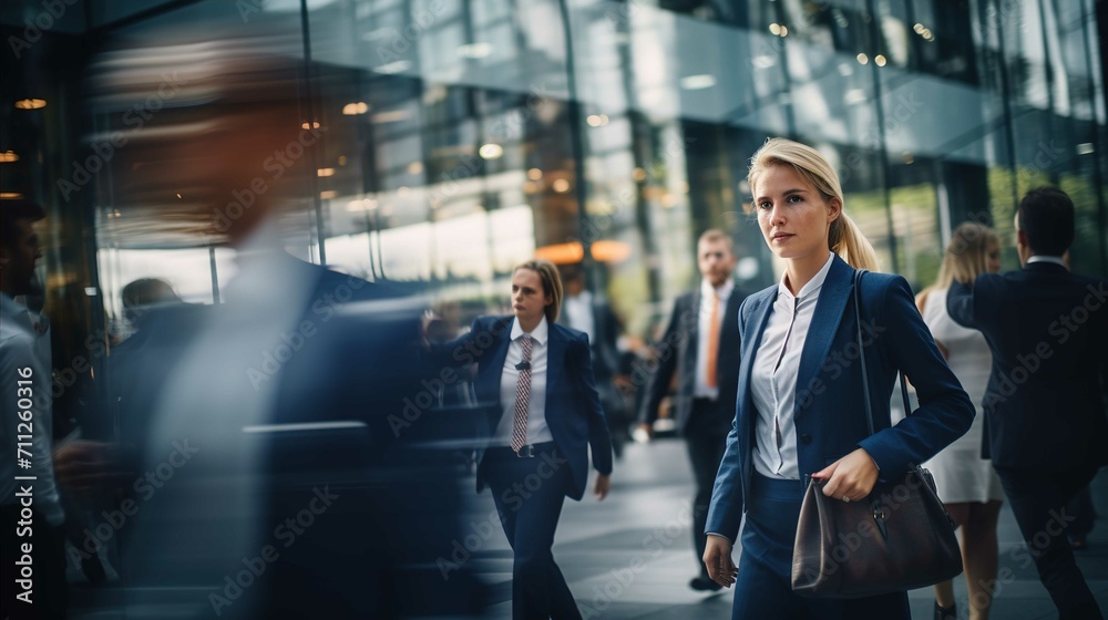 Fototapeta premium Businesswoman in front of a group of businesspeople in the city. Generative Ai. 