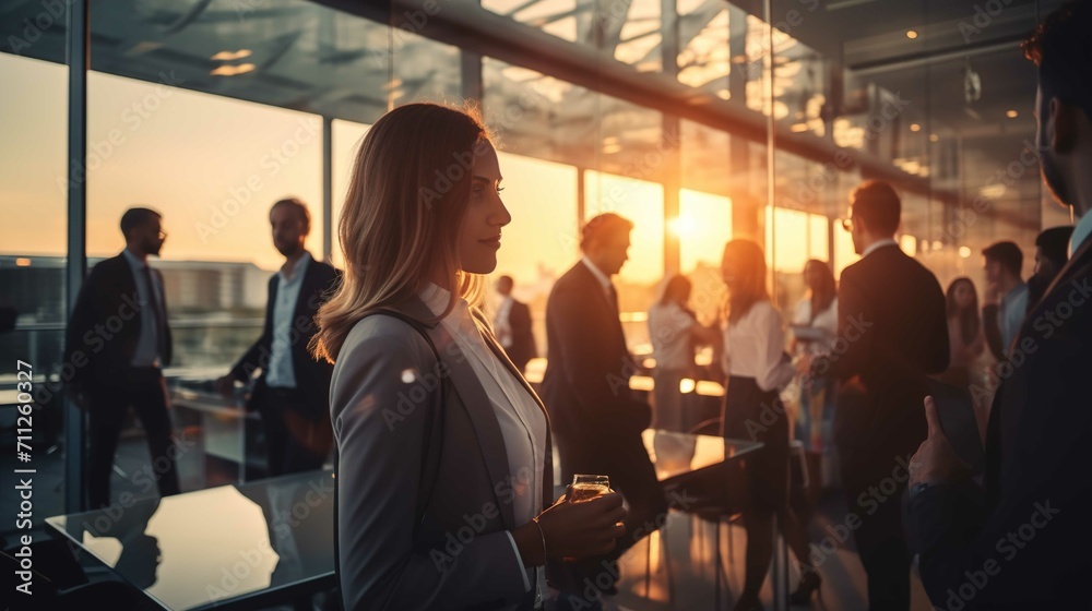 Businesswoman standing in front of her colleagues in a modern office building. Generative Ai. 