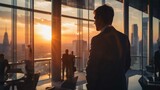 Businessman looking at sunrise in the office with a panoramic window. Generative Ai. 