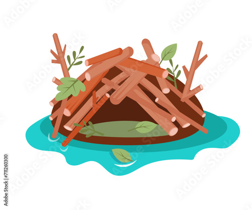 Cartoon beaver hut made of sticks and logs on white background. Animal building. Vector isolated illustration. 