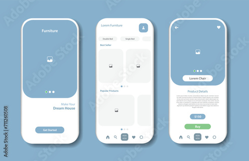 Application to buy furniture. Collection of online furniture store interface templates. Responsive GUI for mobile applications. Vector illustration