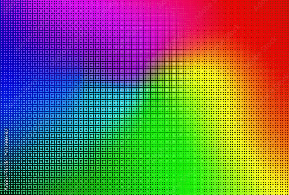 An abstract chromatic pixel background. Spectrum. Dotted rainbowcore. Vibrant palette. Optical blending. Rainbow colored backdrop with dots. Template. Colorful illustration. Color range. Gamma. RGB