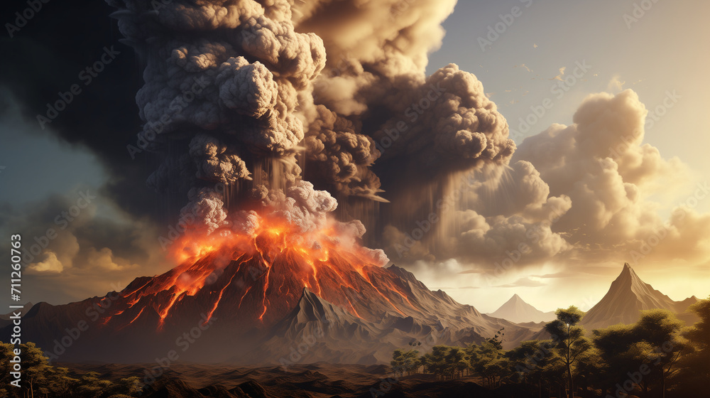 Powerful daytime volcano eruption. Side view of the crater opening with flowing lava. Clouds and steam in the sky. Big explosion.