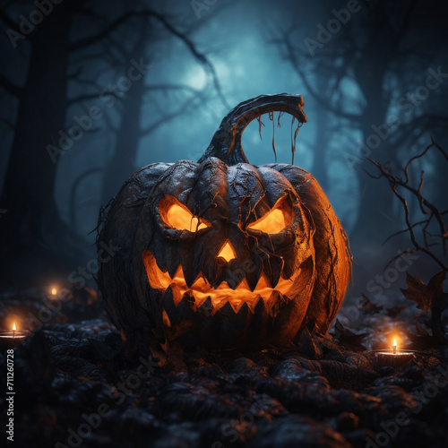 Halloween pumpkin in dark background. Scary faced orange Spooky pumpkin with burning candles. Jack O Lantern. AI generated.
