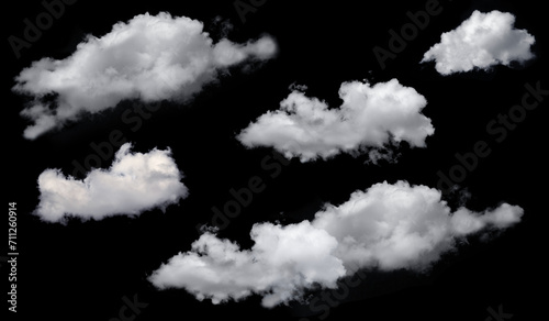 Set collection of white long cumulus clouds isolated on black background. Climate, metrology, design element, brush