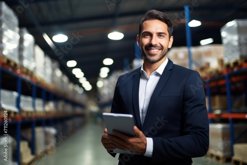Smiling Latin business man in suit whit a tablet at a modern warehouse 