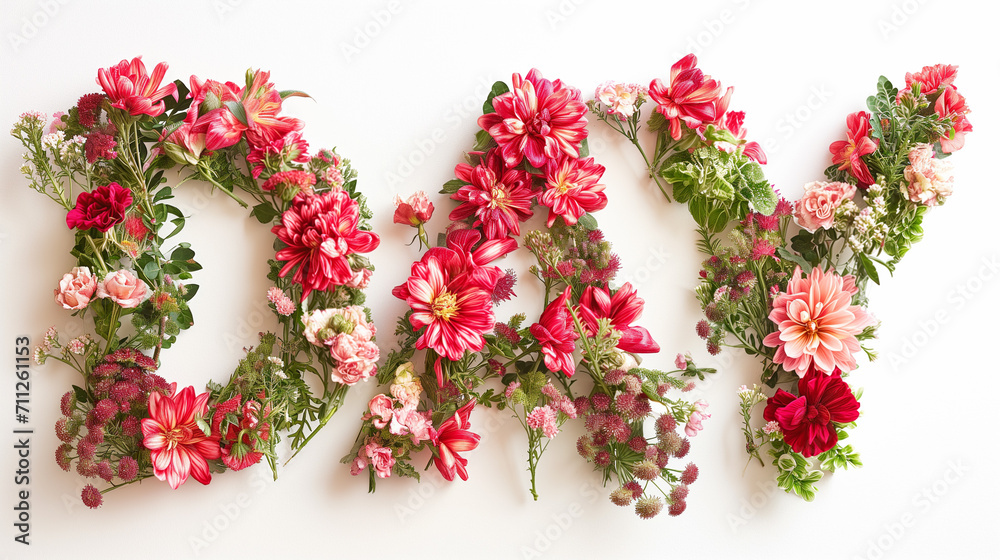 A vibrant assortment of red and pink flowers arranged to spell LOVE on a white background, suitable for Valentine's Day or romantic concepts