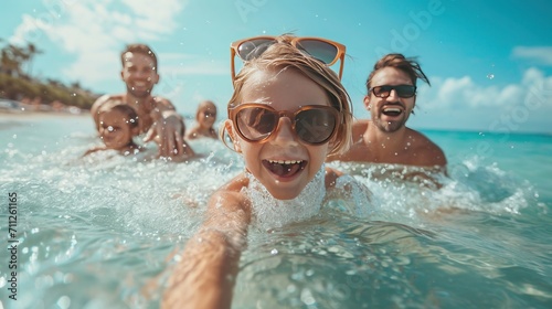 Joyful family activity in summer vacation. Happy time with family photo