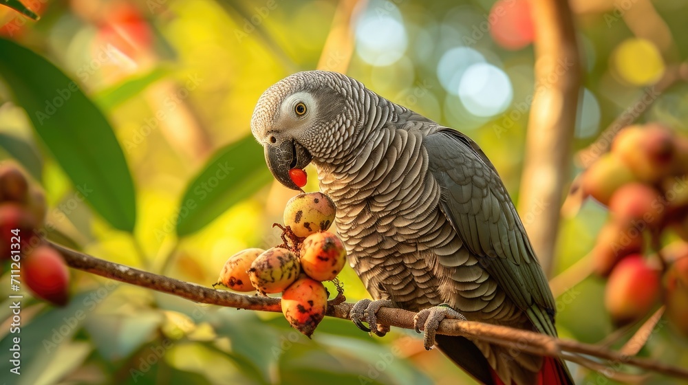 Fototapeta premium grey parrot sitting on a tree branch eating fruits