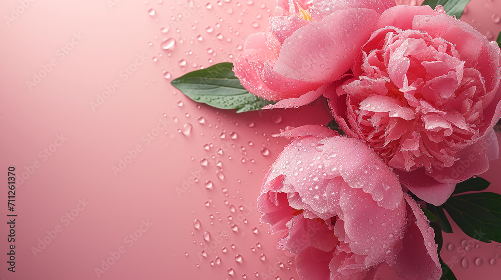 Women's Day concept. Top view photo of pink peony rose drops water on isolated pastel pink background with copy's pace, poster, postcard Women's Day concept. Top view photo of pink peony rose drops water on isolated pastel pink background with copy's pace, poster, postcard