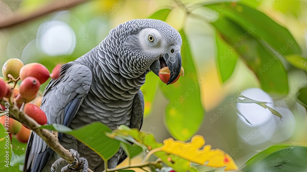 Fototapeta premium grey parrot sitting on a tree branch eating fruits