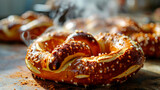 Bavarian pretzels with sesame seeds on the table.