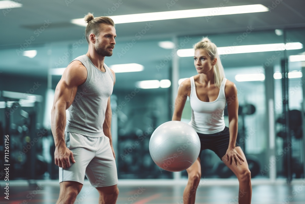 A man and a woman are seen in a gym, engaging in a workout routine using a ball, couple exercise with ball in the Gym, AI Generated