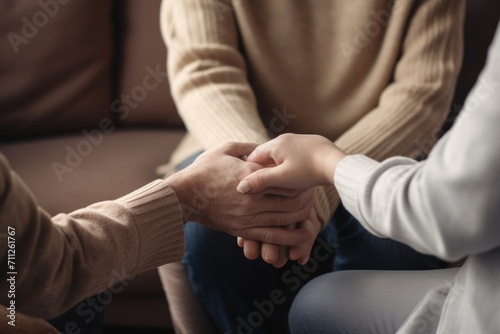 Two People Holding Hands While Sitting on a Couch, Couple hold hands to support each other while discussing family issues with a psychiatrist, AI Generated