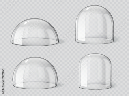 Glass dome, isolated glossy bell sphere or transparent cover, realistic vector 3D. Glass dome or empty protection display, plastic hemisphere or showcase exhibition case jar and spherical globe