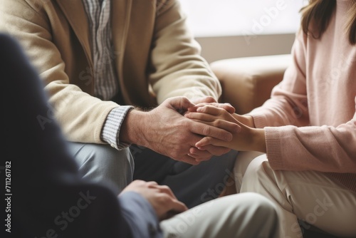 Group of People Sitting on Couch Holding Hands  Couple hold hands to support each other while discussing family issues with a psychiatrist  AI Generated