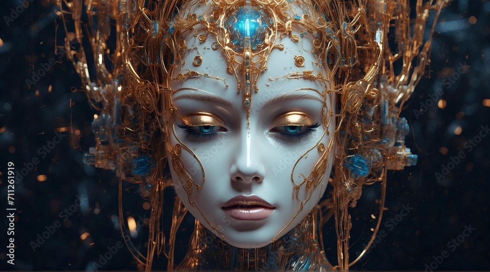 In a mesmerizingly glitchy and glamorous portrait, an AI deity stands at the intersection of advanced technology and divine allure.