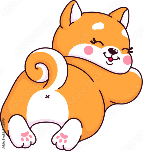 Cartoon kawaii Shiba Inu dog and puppy character, cute pet. Kawaii animal baby pet, adorable Shiba Inu personage or cute puppy isolated vector character. Comical small Japanese dog playful mascot