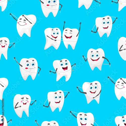 Cartoon tooth character with dental floss seamless pattern, vector background. Dental clinic pattern with healthy white teeth happy smiling and cleaning with dental floss for kids dentistry background