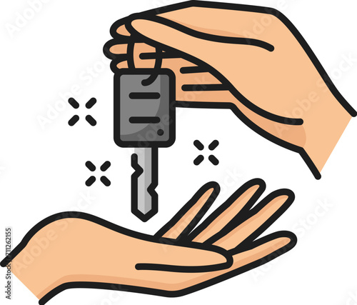 New car dealership, auto dealer company outline icon. Vehicle buy dealer, auto distributor or automobile official center thin line vector symbol. Car salon outline pictogram or sign with keys in hands