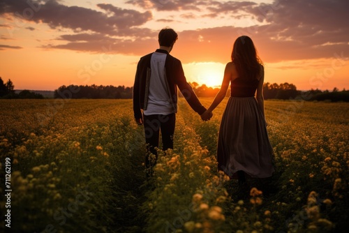 A couple holding hands walks through a serene field as the sun sets in the background, Couple holding hands in a field at sunset, AI Generated