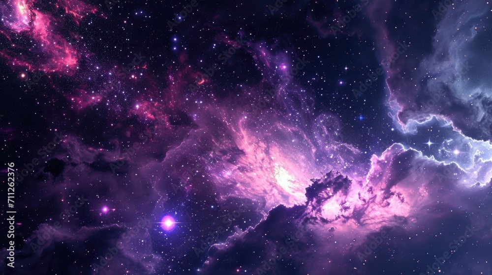 A neon purple nebula stretches across the horizon dotted with glittering stars