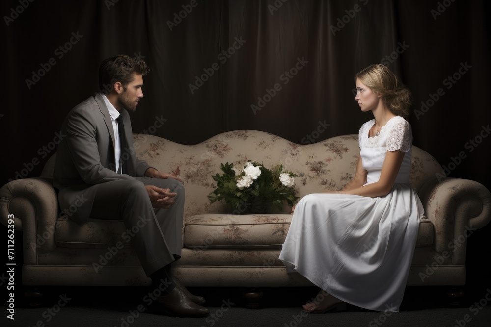 Obraz premium A man and a woman spending quality time together as they sit on a comfortable couch, Couples therapy or marriage counseling, AI Generated