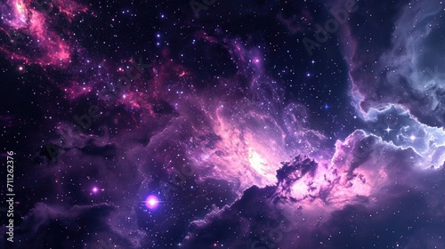 A neon purple nebula stretches across the horizon dotted with glittering stars