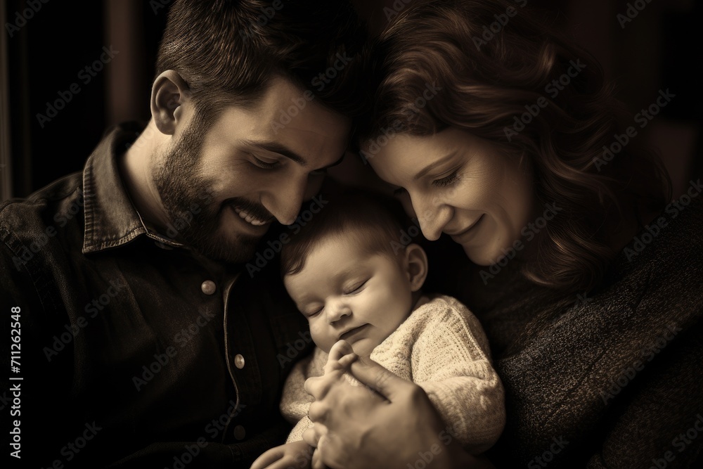 A loving man and woman cradling their precious bundle of joy together, Cute baby being caressed by parents, AI Generated A loving man and woman cradling their precious bundle of joy together, Cute baby being caressed by parents, AI Generated