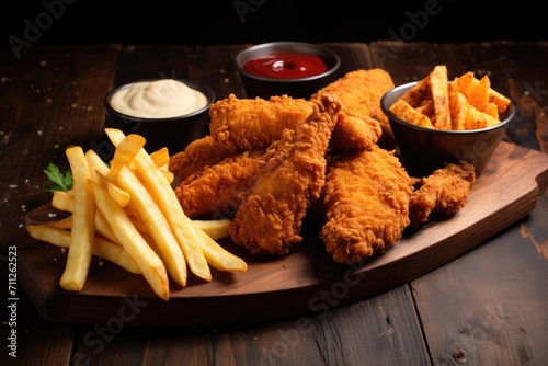 A mouthwatering combination of crispy fried chicken, golden French fries, and a side of ketchup and mayonnaise, Crispy fried chicken tenders and french fries on wooden table, AI Generated photo