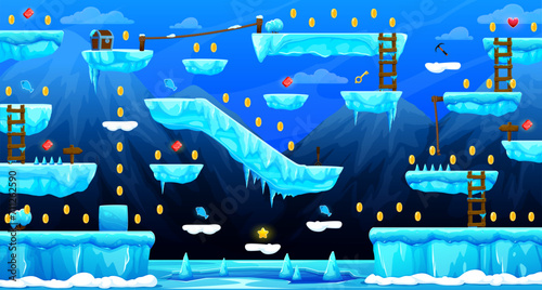 Arcade iced world game level map interface with key and golden coins, vector ice platforms and stairs. Kids cartoon arcade game of frozen world with gold bonuses, heart rewards on ice block platforms photo