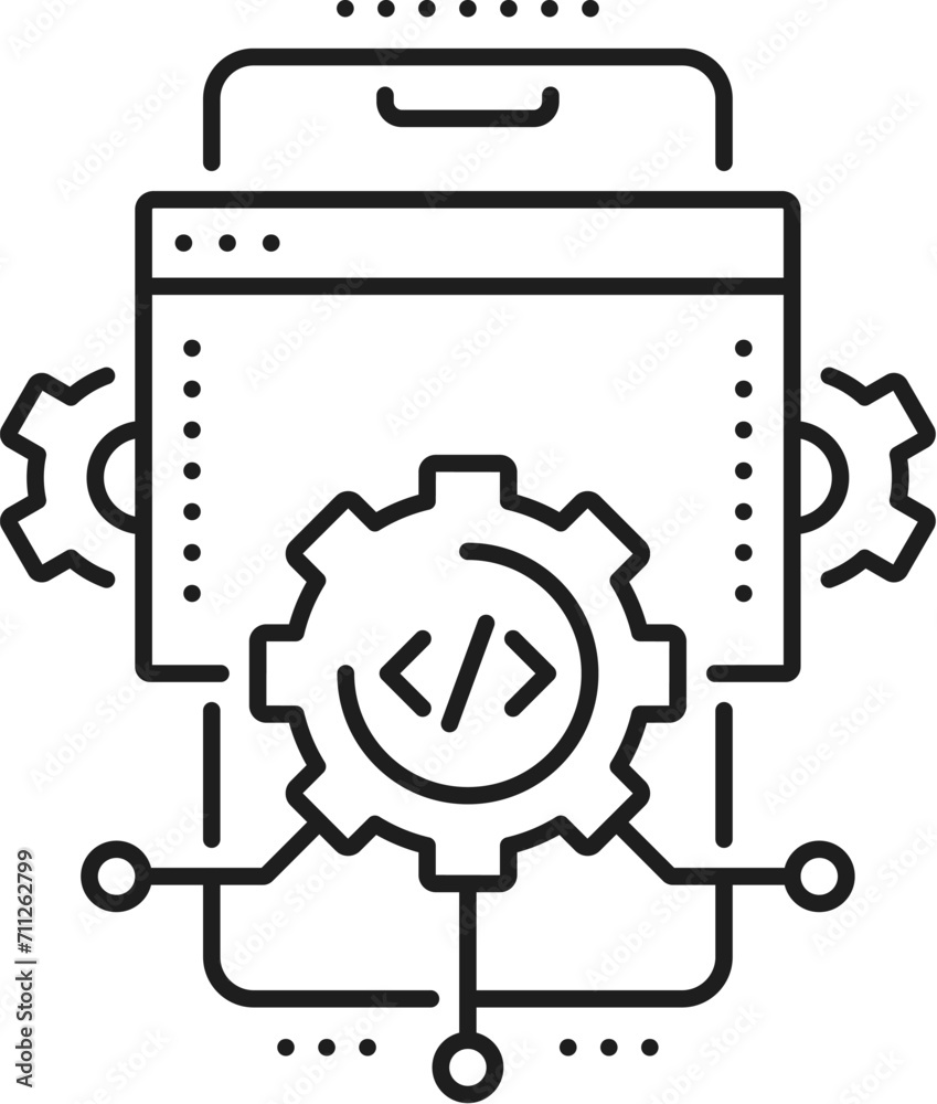 App development, web app develop and optimization icon. Phone application thin line symbol, computer program or service development, web network software develop outline vector pictogram or icon App development, web app develop and optimization icon. Phone application thin line symbol, computer program or service development, web network software develop outline vector pictogram or icon