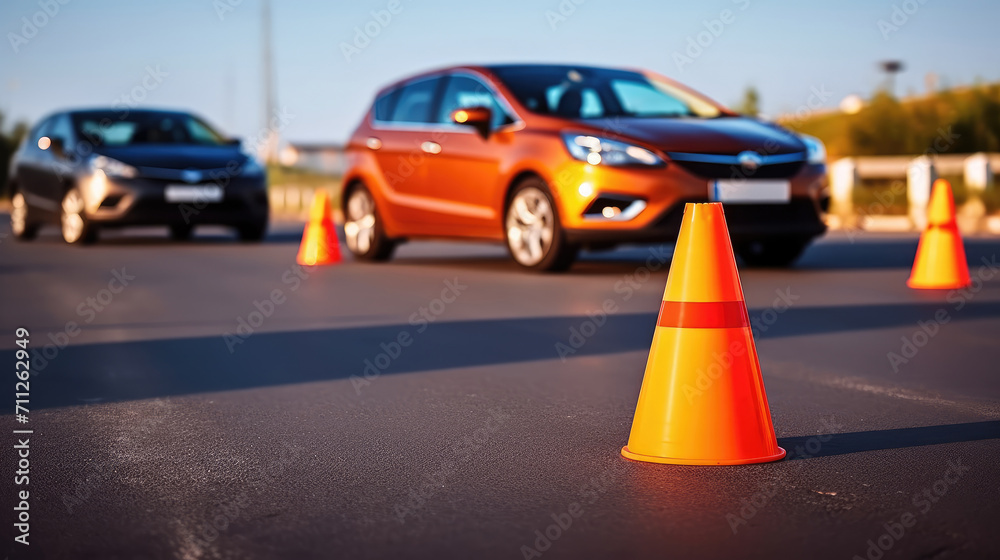 Car with Traffic cones in driving school,   driving school concept, Copy space of transportation