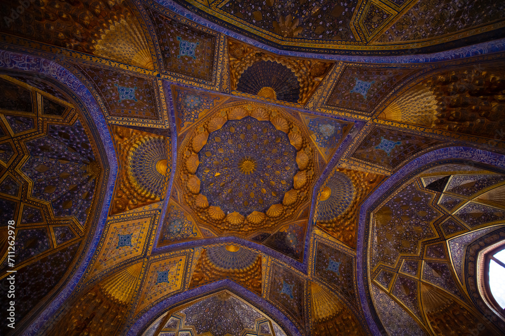 Blue ceiling at the Guri Amir or Gur Emir is a mausoleum, Samarqand, Uzbekistan