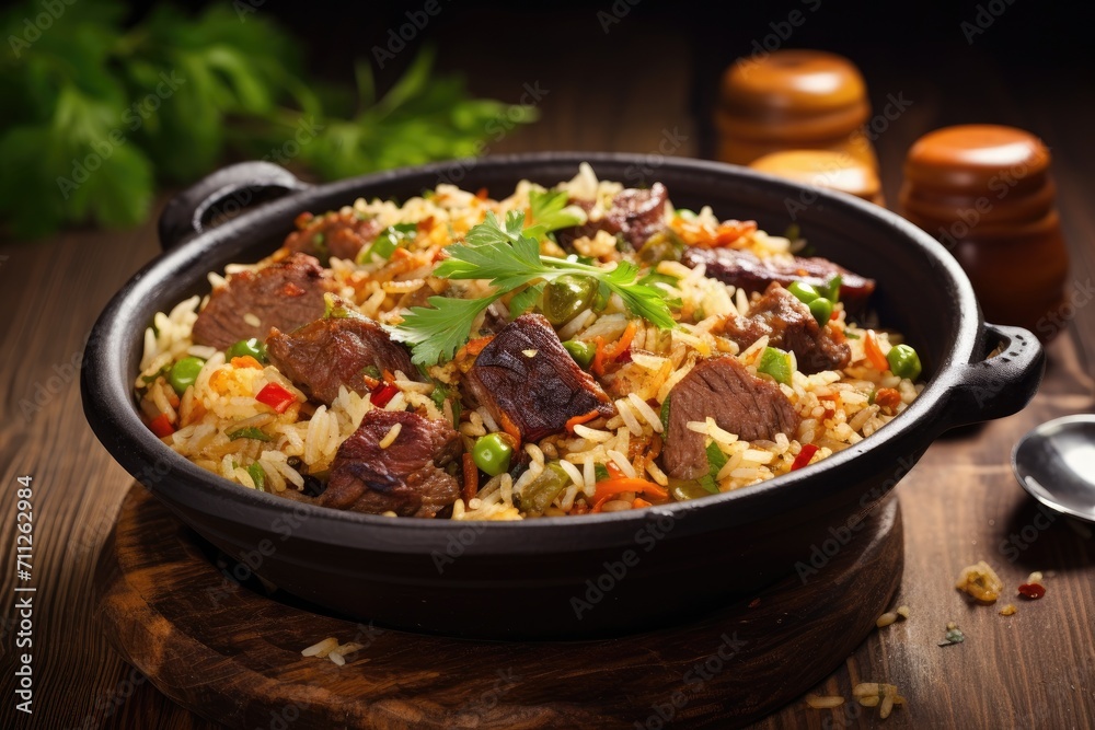 A mouthwatering dish of rice and meat, perfectly cooked and presented in a pan, ready to be enjoyed on a wooden table, Delicious Fergana pilaf, Uzbek favorite dish on wooden background, AI Generated