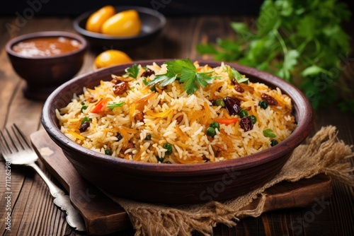 Brown Bowl Filled With Rice and Vegetables, A Nourishing and Wholesome Meal, Delicious Fergana pilaf, Uzbek favorite dish on wooden background, AI Generated