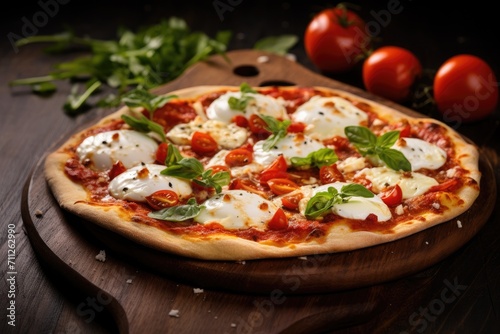 A mouthwatering pizza with melted cheese and fresh toppings sitting invitingly on a rustic wooden cutting board, Delicious pizza with mozzarella on a wooden board, AI Generated