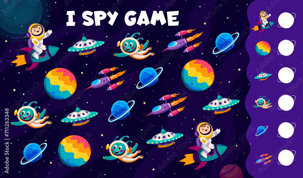 I spy game. Cartoon UFO and alien, astronaut, rocket and planets at galaxy space landscape vector quiz puzzle worksheet. Find and count planets, spaceships, spaceman and martian characters kids game I spy game. Cartoon UFO and alien, astronaut, rocket and planets at galaxy space landscape vector quiz puzzle worksheet. Find and count planets, spaceships, spaceman and martian characters kids game
