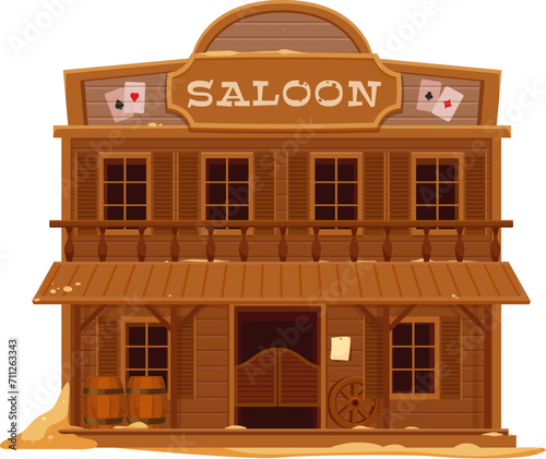 Wild West Western town saloon cartoon building, vector old american country street scene. Two storey wood house with playing cards sign. Cowboy bar or pub building with window shutters and saloon door