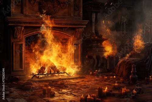 In a dimly-lit space, a comforting fire burns in a fireplace, casting a warm glow and illuminating the room, fire in the fireplace, AI Generated