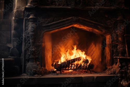 A cozy fire burns in a dark room, casting warm and inviting light throughout the space, fire in the fireplace, AI Generated