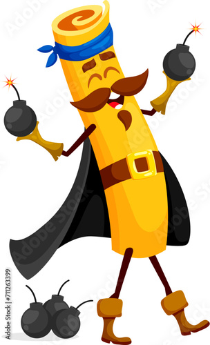 Cartoon funny Casarecce italian pasta pirate and corsair character. Isolated vector swashbuckling noodle personage wielding burning bomb balls, ready to set sail for explosive flavor-packed adventures