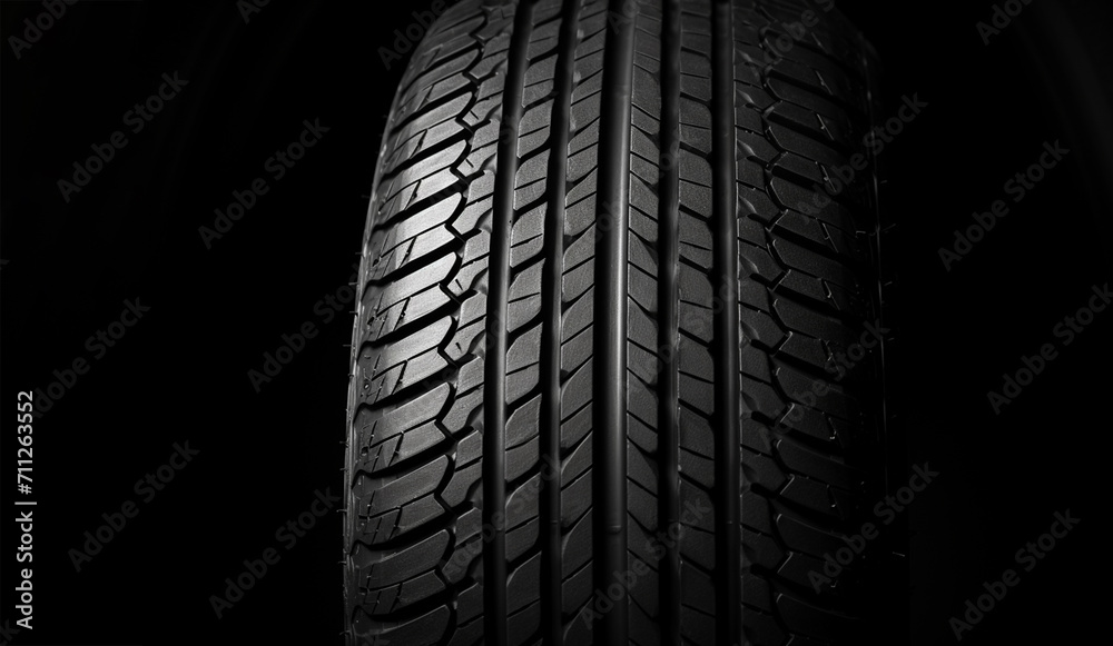Closeup of the tread of a summer car tire on a sunny day. tires against black. fuel efficient car tires.